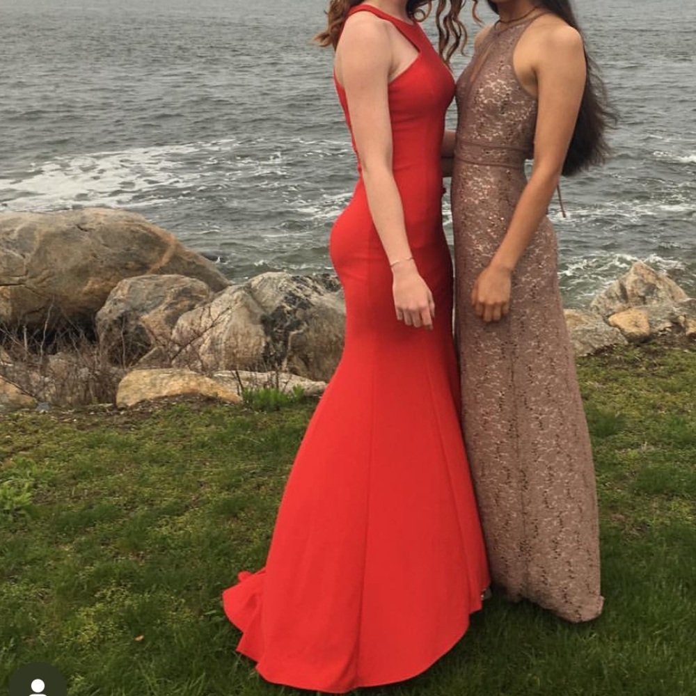 XSCAPE (Nordstrom) Red halter Fit + Flare evening dress with side slit
